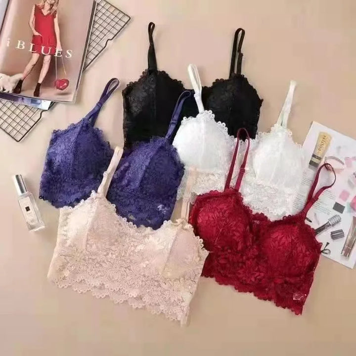 Sutiãs de renda com flores femininos, top confortável, bralette, cor sólida, roupa íntima sexy, colete, feminino, vazado, lingerie sem fio, sutiã sem costura