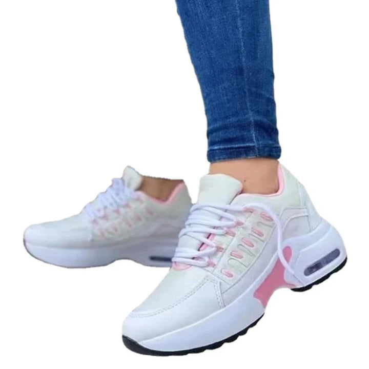 Sapatos femininos primavera e outono novos sapatos casuais respiráveis ​​de malha ao ar livre leves antiderrapantes salto cunha tênis de sola grossa