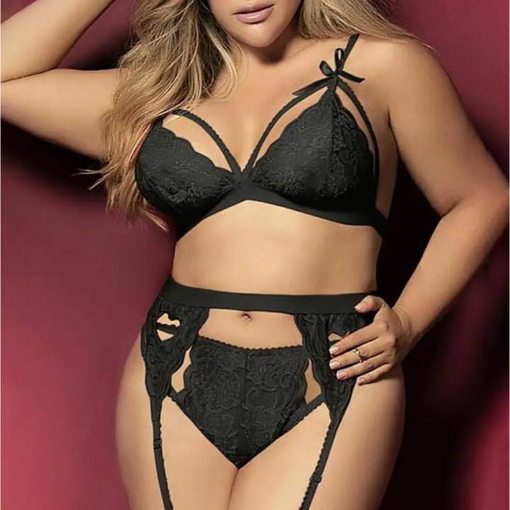 Lingerie sexy feminina sutiã de renda fio dental cinta-liga conjunto tanga roupa íntima roupas plus size 2023