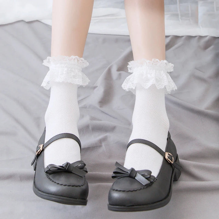Meias femininas rendadas lolita jk estilo japonês branco preto sólido kawaii menina algodão bonito meias tornozelo para famale носки женские