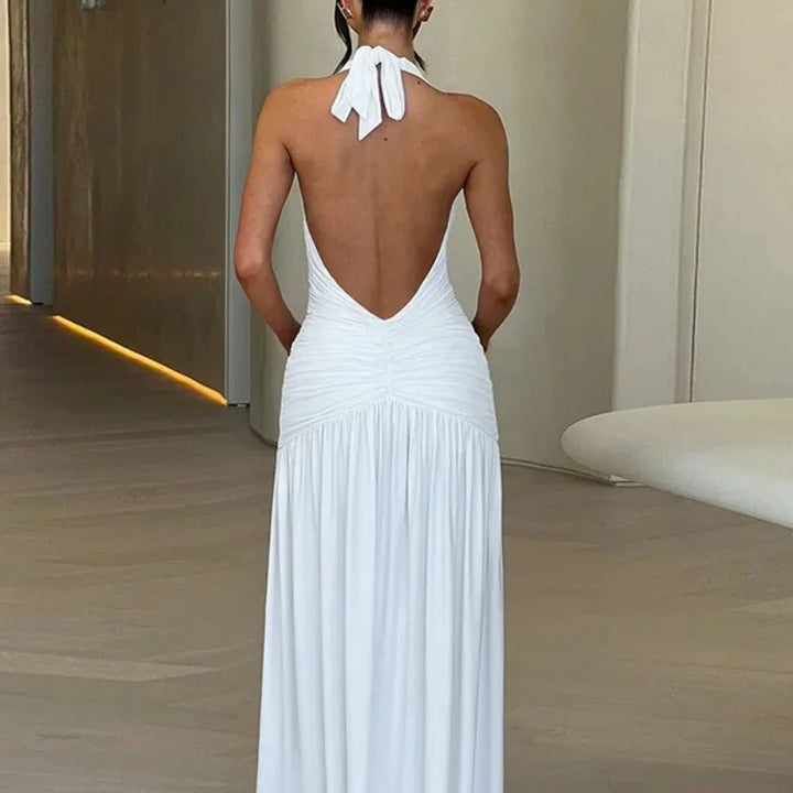 Vestido longo feminino de verão com decote em V profundo, cintura alta, pregas, decote halter, bandagem, costas nuas, túnicas, fenda, branco, festa, vestidos de noite