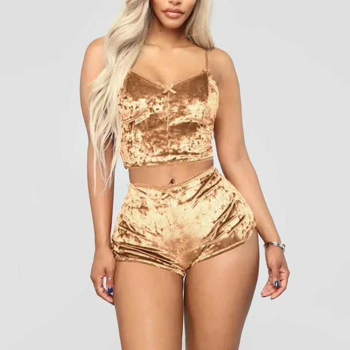 Conjunto de lingerie sexy feminina, roupa de dormir brilhante com óleo, supermacia, curta, sem mangas, top curto, shorts sólidos, conjunto de pijamas, roupa casual
