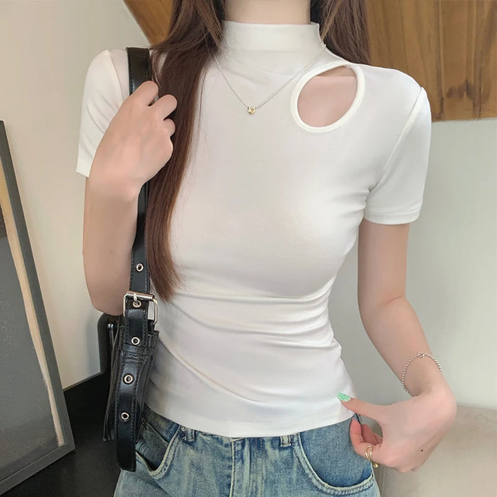 Camiseta de gola alta branca de manga curta feminina verão esqueleto malha tops femininos com fios elásticos respiráveis