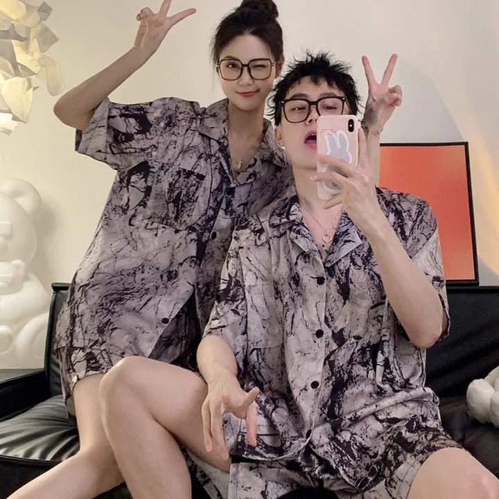 Conjunto de pijamas de seda gelada feminino, pijama de desenho animado com urso, roupa de dormir, pijama com botões, pijama masculino, conjunto de shorts para casais