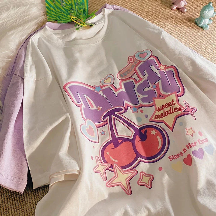 Camiseta feminina estampa de frutas Harajuku camiseta solta manga curta fofa kawaii camiseta grande roupas Y2k top anime camiseta gráfica