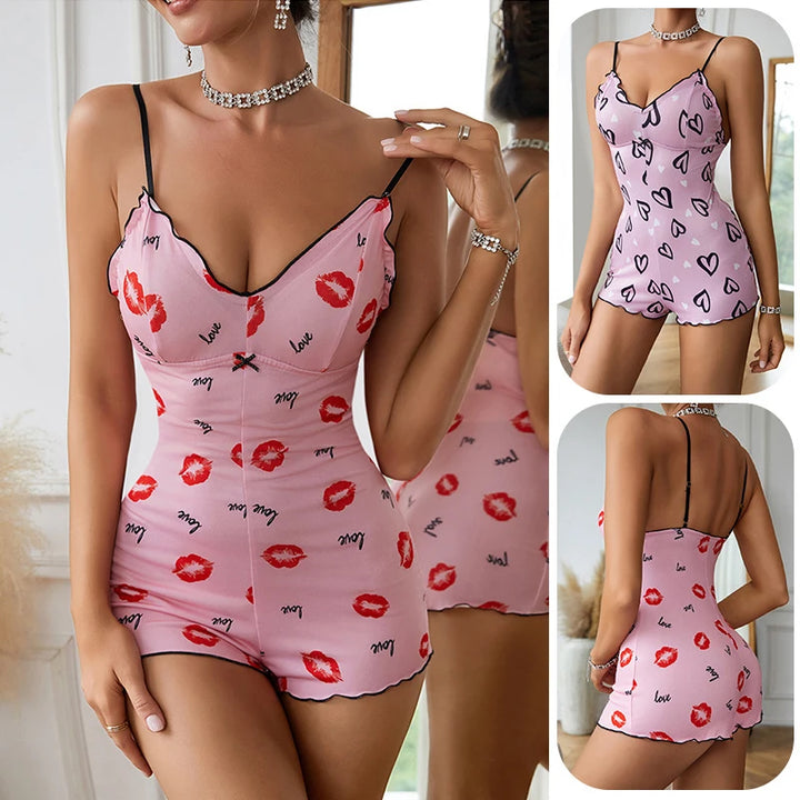 Pijama feminino, pijama de uma peça, estampa de lábios vermelhos, sem mangas, pijama curto, adulto, suspensórios com decote em V, pijama engraçado, body