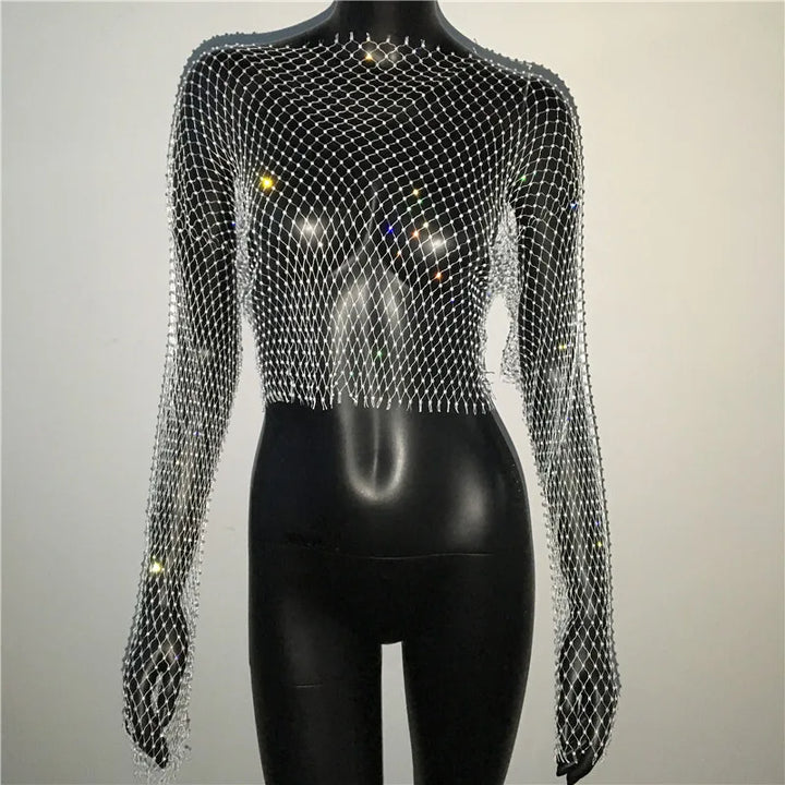 Camiseta feminina sexy de malha transparente com strass brilhante, arrastão, top curto com manga comprida, saída de praia, regata para festa e clube