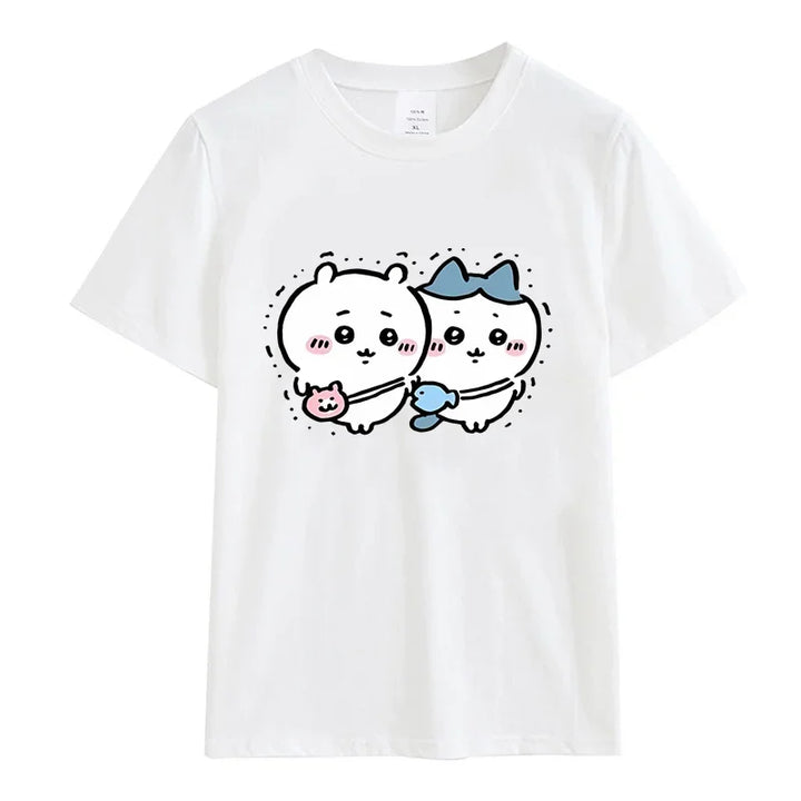 Roupas femininas Chiikawa Desenho animado Verão Impressão Roupas Mulheres Branco Gráfico Moda Feminina Streetwear Casual Tops Tee
