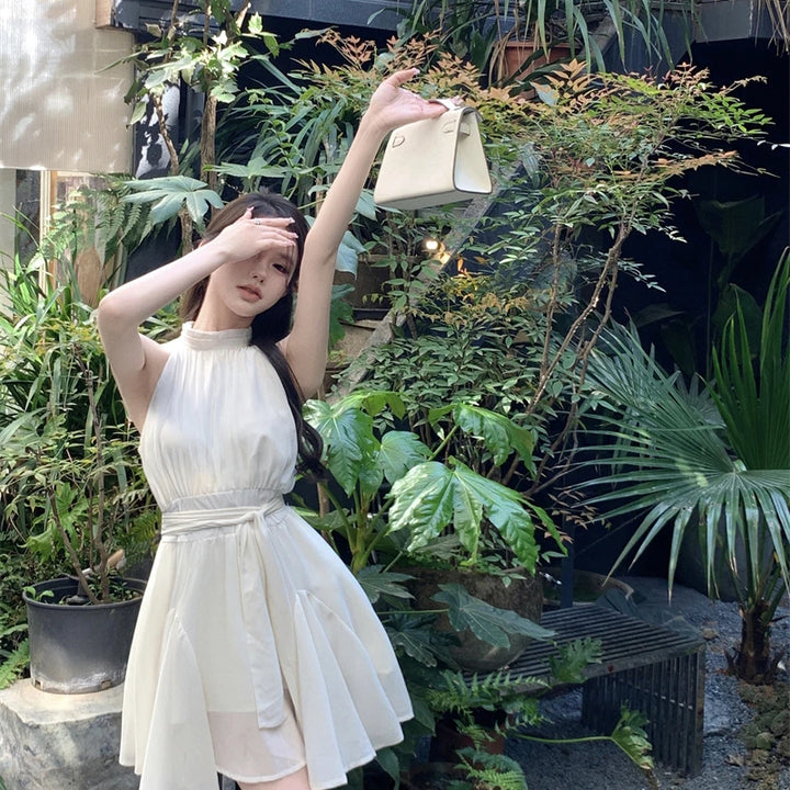 Vestido feminino de chiffon sem mangas e cintura alta, gola alta, manga sino, saia midi, formato X, primavera/outono, manga comprida