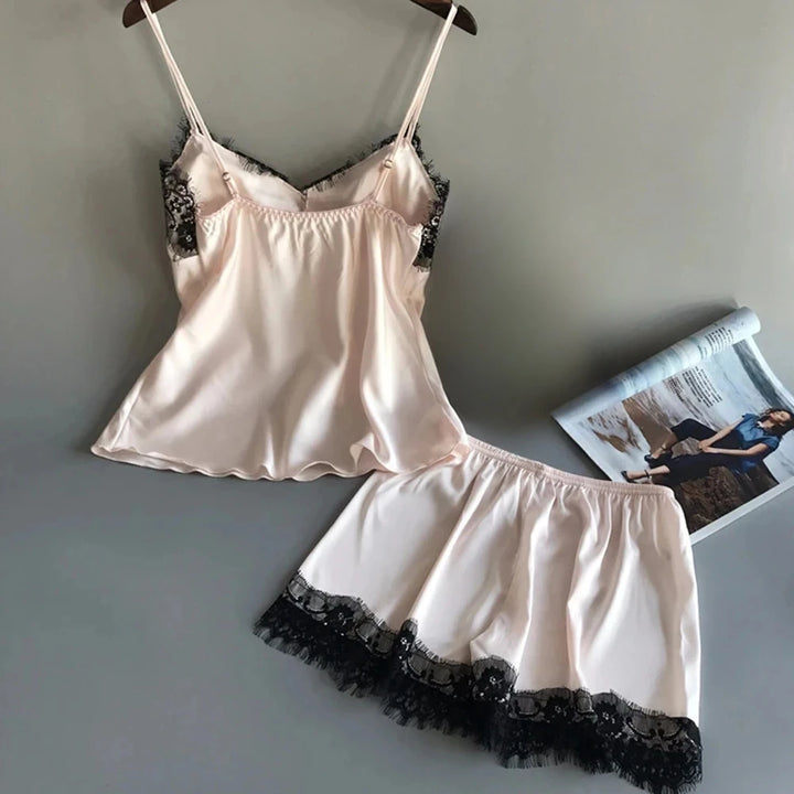 Pijama feminino sexy de seda gelada, conjunto de pijamas com decote em V e renda de cetim elástico, lingerie de seda, conjunto de shorts para dormir sem enchimento