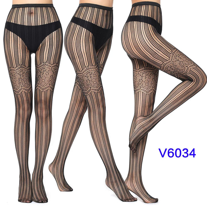 Meias-calças femininas sexy arrastão, trama jacquard, sem costura, fios, ligas, malha de peixe, meias pretas, aranha, renda gótica