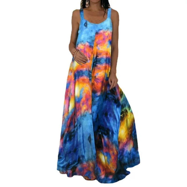 Vestido feminino elegante com estampa de chamas sem mangas, vestido longo casual de verão com estampa