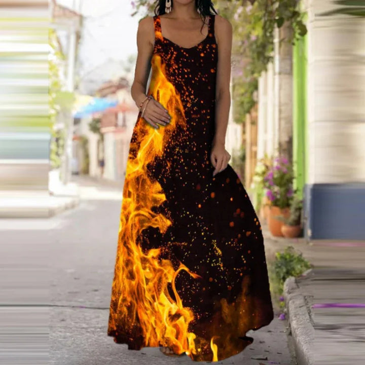 Vestido feminino elegante com estampa de chamas sem mangas, vestido longo casual de verão com estampa