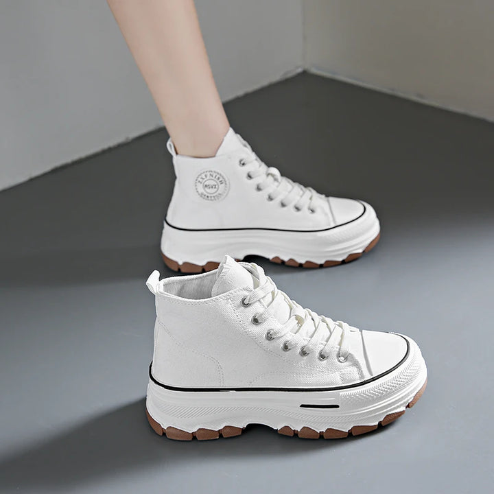 Tênis feminino cano alto com cadarço casual plataforma altura lona antiderrapante resistente ao desgaste 2024 primavera sapatos vulcanizados femininos