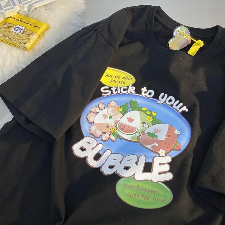Camiseta feminina estampa de frutas Harajuku camiseta solta manga curta fofa kawaii camiseta grande roupas Y2k top anime camiseta gráfica
