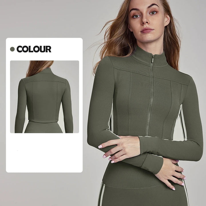 Terno de ioga feminino slim fit gola alta zíper top esportivo jaqueta fitness manga comprida ciclismo casaco roupas esportivas corrida
