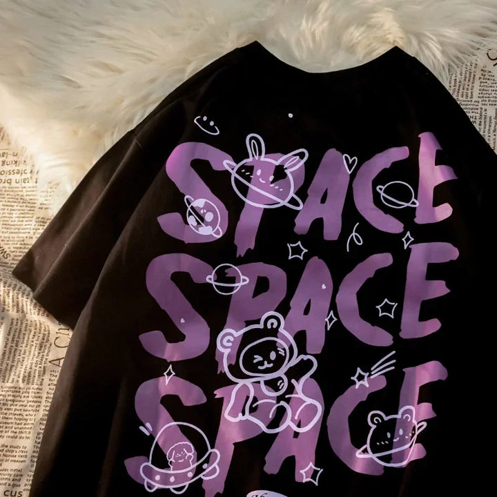 Camiseta feminina estampa urso grafite manga curta espaço grande camiseta solta estilo retrô harajuku casal camisa tops y2k