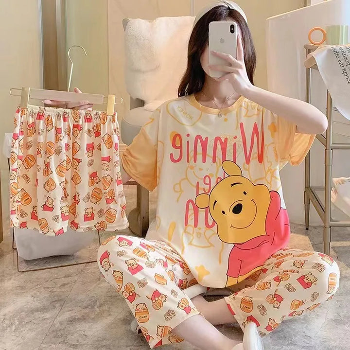Conjunto de pijamas femininos novos de três peças para casa, pijamas fofos, desenho animado, lazer, conjunto de pijamas femininos para casa