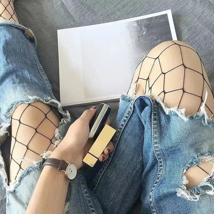 Meias arrastão de cintura alta sexy femininas, meia-calça de malha, meia-calça de malha, jeans rasgado, meias longas, lingerie quente