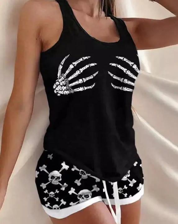 Pijama feminino 2 peças Halloween caveira mãos estampa casual decote em U sem mangas top e cordão acima do joelho pijamas conjunto 2022 verão