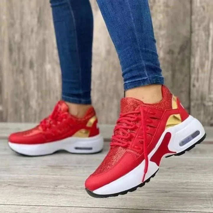 Sapatos femininos primavera e outono novos sapatos casuais respiráveis ​​de malha ao ar livre leves antiderrapantes salto cunha tênis de sola grossa