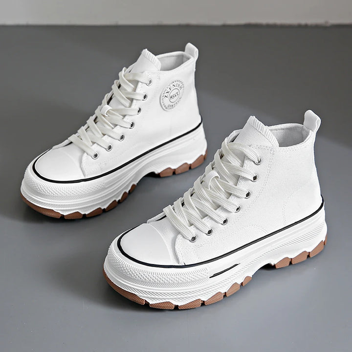 Tênis feminino cano alto com cadarço casual plataforma altura lona antiderrapante resistente ao desgaste 2024 primavera sapatos vulcanizados femininos