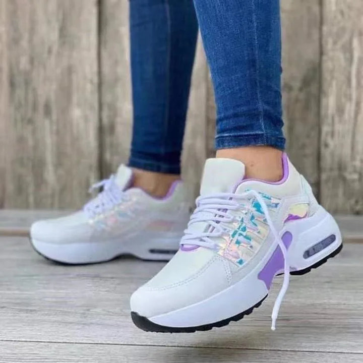 Sapatos femininos primavera e outono novos sapatos casuais respiráveis ​​de malha ao ar livre leves antiderrapantes salto cunha tênis de sola grossa