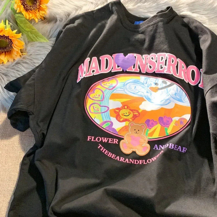 Camiseta feminina estampa de frutas Harajuku camiseta solta manga curta fofa kawaii camiseta grande roupas Y2k top anime camiseta gráfica