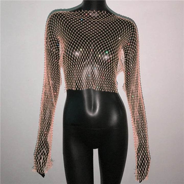 Camiseta feminina sexy de malha transparente com strass brilhante, arrastão, top curto com manga comprida, saída de praia, regata para festa e clube