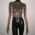 Camiseta feminina sexy de malha transparente com strass brilhante, arrastão, top curto com manga comprida, saída de praia, regata para festa e clube