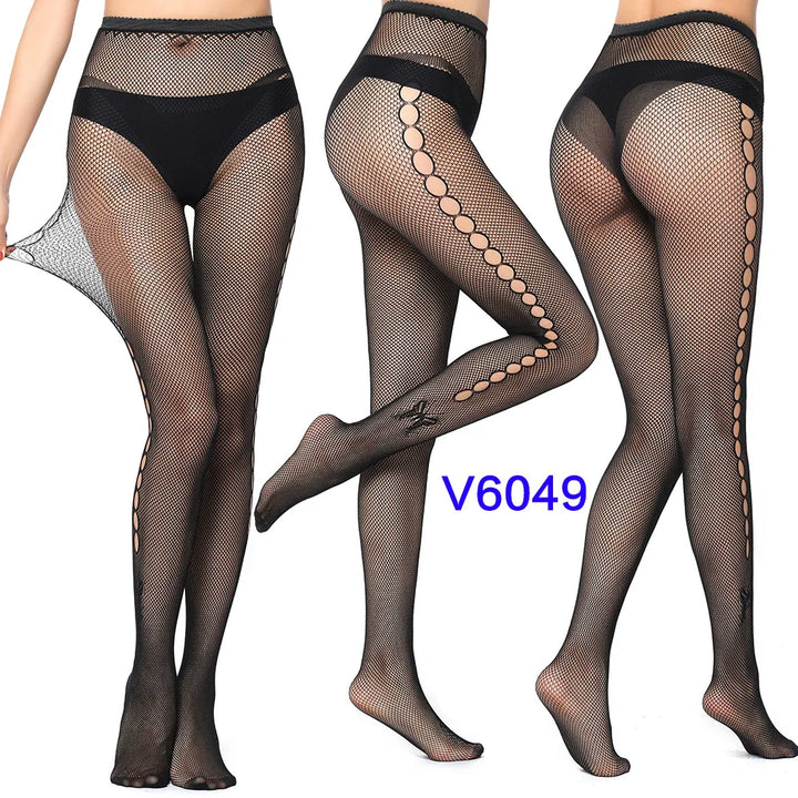 Meias-calças femininas sexy arrastão, trama jacquard, sem costura, fios, ligas, malha de peixe, meias pretas, aranha, renda gótica
