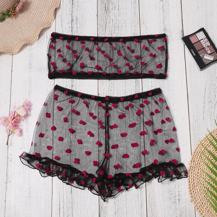 Mulheres Sexy Lingerie Sutiã Tanga Padrão Amor Renda Pijamas Limpe Peito Um Ombro Conjunto de Roupa Interior Shorts Conjunto de Roupa Interior Mulheres
