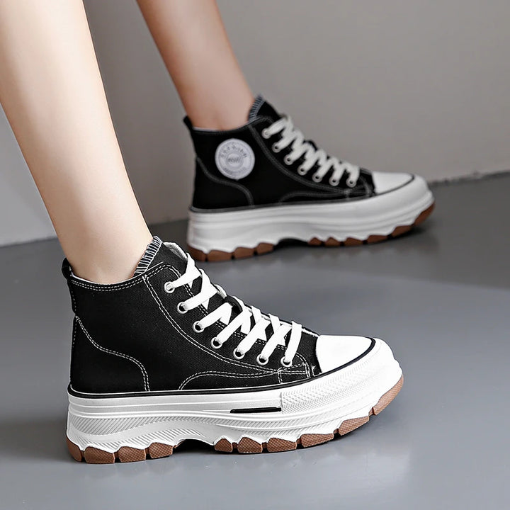 Tênis feminino cano alto com cadarço casual plataforma altura lona antiderrapante resistente ao desgaste 2024 primavera sapatos vulcanizados femininos