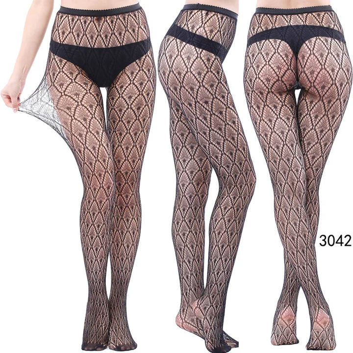 Meias-calças femininas sexy arrastão, trama jacquard, sem costura, fios, ligas, malha de peixe, meias pretas, aranha, renda gótica