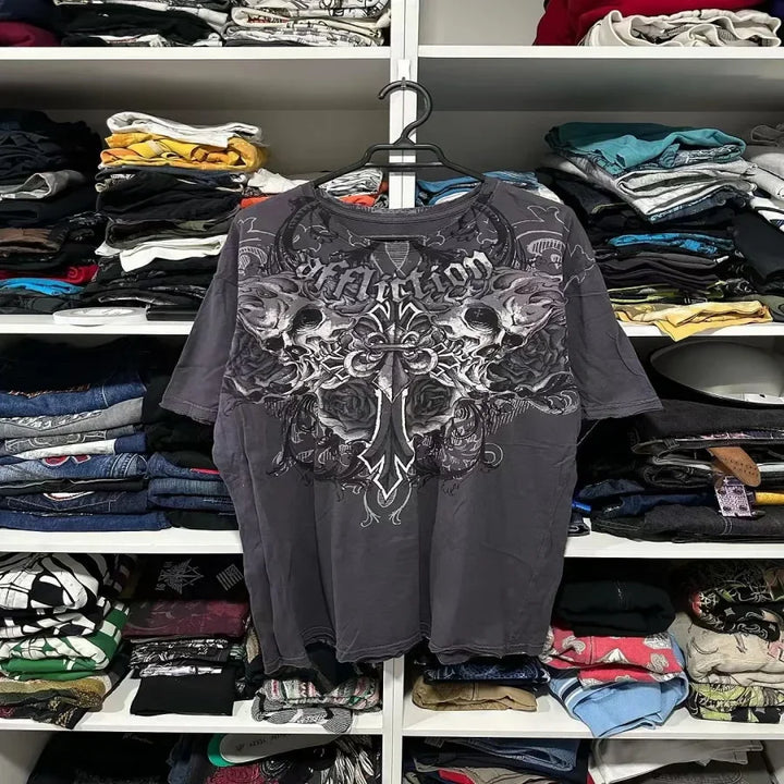 Camiseta Y2K Affliction Hip Hop Gola Redonda Grande Manga Comprida Camiseta Novas Roupas Casuais Masculinas e Femininas Góticas Tops Streetwear