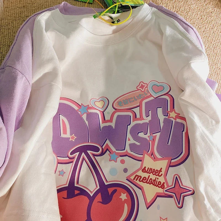 Camiseta feminina estampa de frutas Harajuku camiseta solta manga curta fofa kawaii camiseta grande roupas Y2k top anime camiseta gráfica