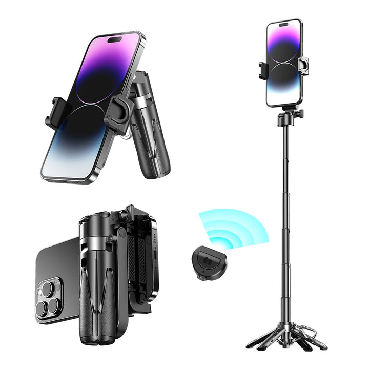 Suporte de tripé sem fio para selfie, suporte remoto Bluetooth dobrável para telefone de mesa com chaveiro para fotos com celular Tiktok