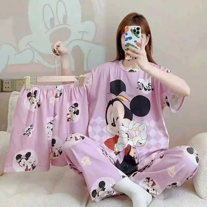 Conjunto de pijamas femininos novos de três peças para casa, pijamas fofos, desenho animado, lazer, conjunto de pijamas femininos para casa