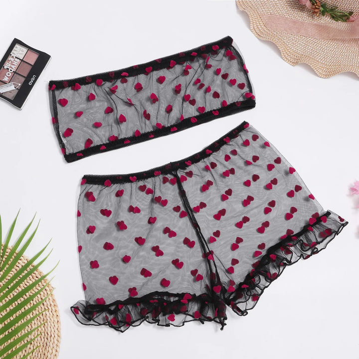 Mulheres Sexy Lingerie Sutiã Tanga Padrão Amor Renda Pijamas Limpe Peito Um Ombro Conjunto de Roupa Interior Shorts Conjunto de Roupa Interior Mulheres