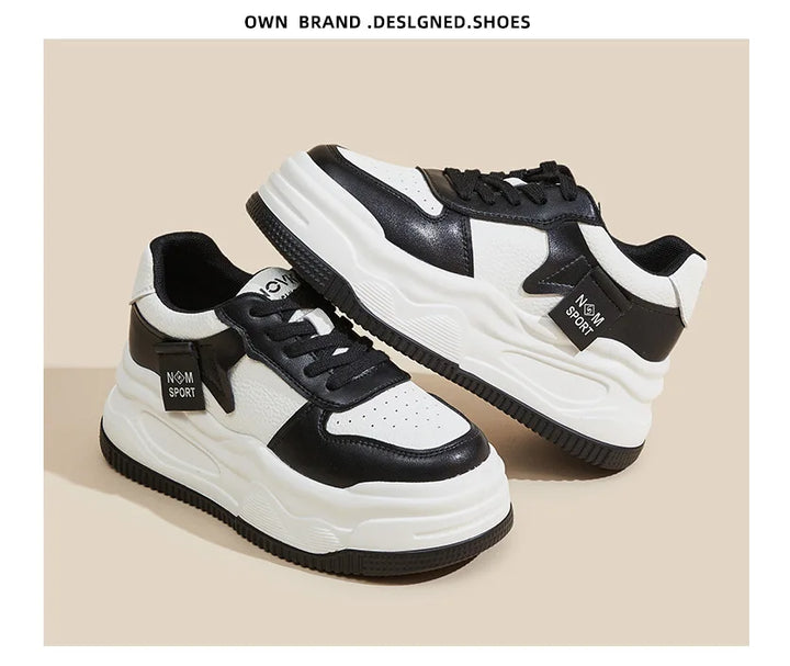 Sapatos femininos, aumento de altura feminino 2025, sola grossa, boca rasa, sapatos brancos, sapatos casuais femininos