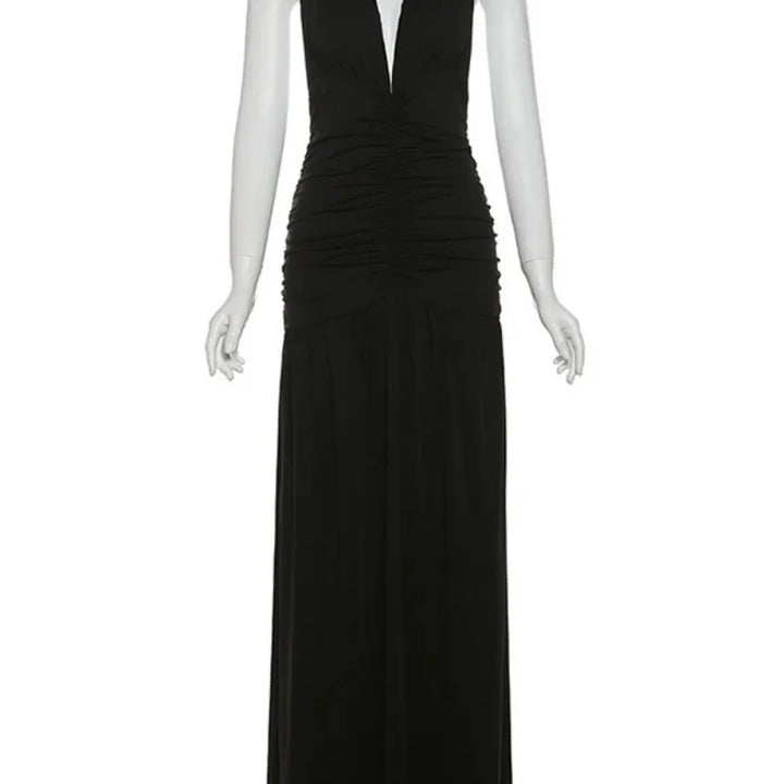 Vestido longo feminino de verão com decote em V profundo, cintura alta, pregas, decote halter, bandagem, costas nuas, túnicas, fenda, branco, festa, vestidos de noite
