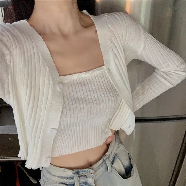 Mulher Suéteres Cardigan Terno Feminino Pequeno Sling Malha Cardigan Conjunto de Duas Peças Top