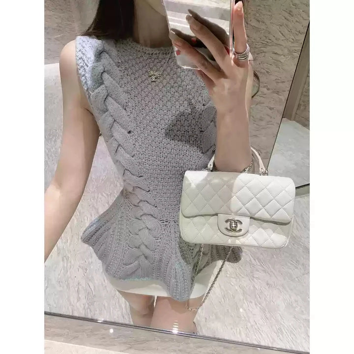 Colete feminino de malha sem mangas, cintura cingida, mini saia, design, primavera, outono, casual, solto, cor sólida, top