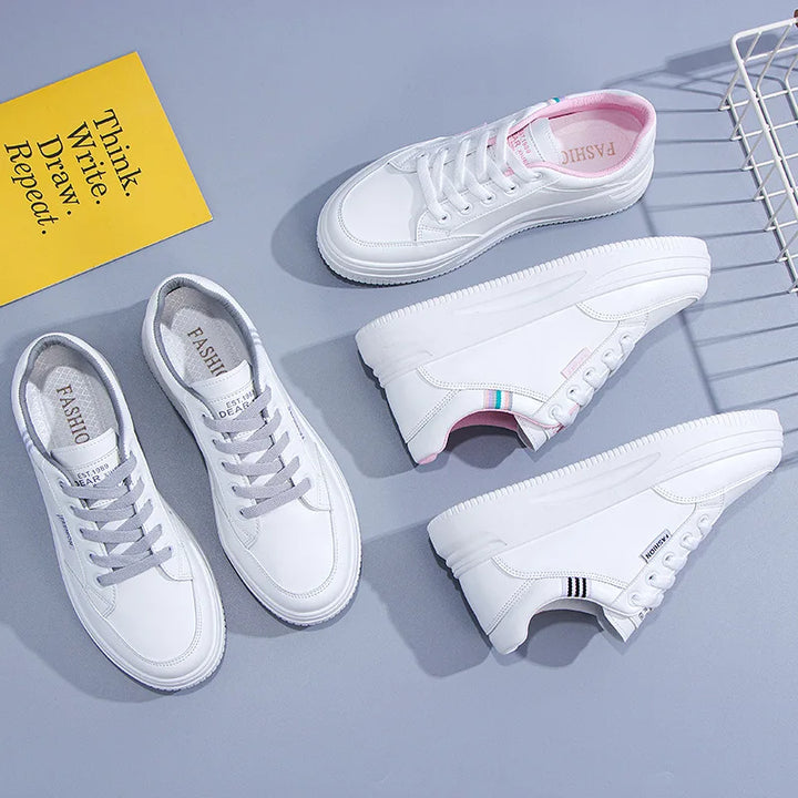 Tênis femininos brancos outono com cadarço fundo grosso sapatos casuais antiderrapantes para caminhada ao ar livre sapatos esportivos de prancha sapatos femininos