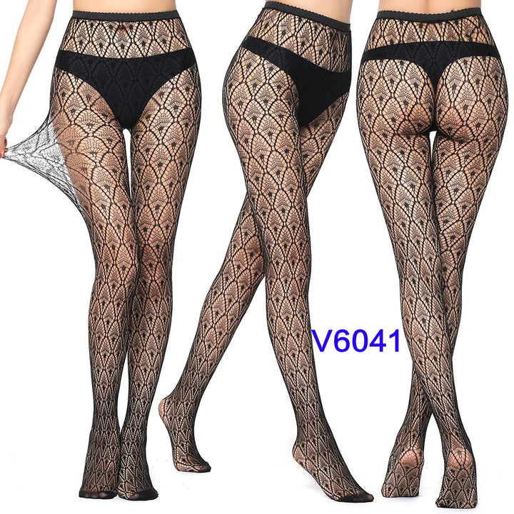 Meias-calças femininas sexy arrastão, trama jacquard, sem costura, fios, ligas, malha de peixe, meias pretas, aranha, renda gótica