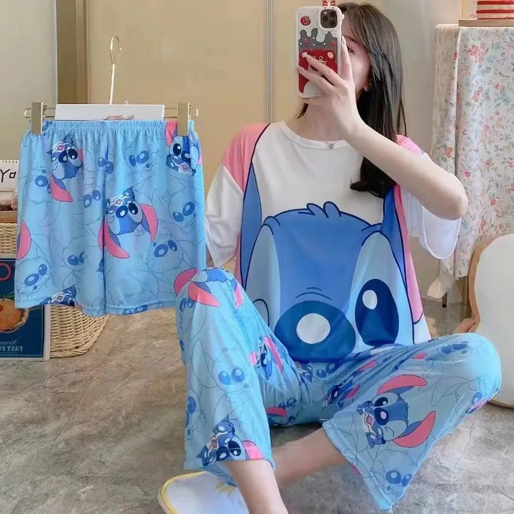 Conjunto de pijamas femininos novos de três peças para casa, pijamas fofos, desenho animado, lazer, conjunto de pijamas femininos para casa