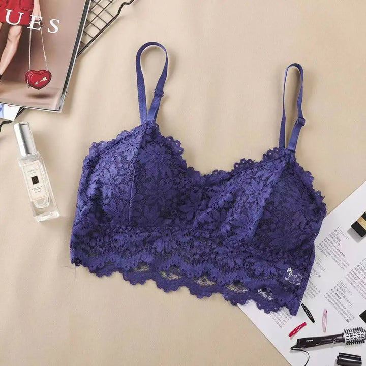 Sutiãs de renda com flores femininos, top confortável, bralette, cor sólida, roupa íntima sexy, colete, feminino, vazado, lingerie sem fio, sutiã sem costura