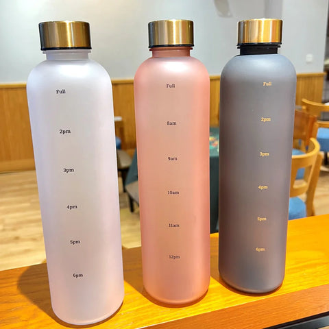 1L Bottle With Time Marker 32 OZ Motivational Reusable Fitness Sports Outdoors Travel Leakproof BPA Free Frosted Plastic