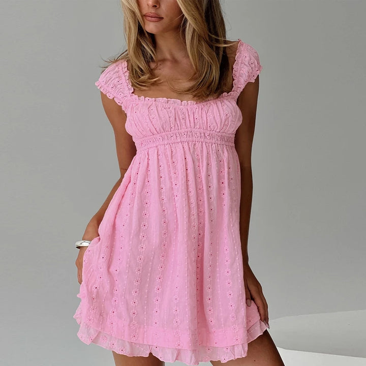 Vestido Babydoll Feminino Sem Costas Jacquard Ilhós Babado Bainha Vestido Vintage Renda Decote Quadrado Babado Busto Cintura Alta A-Line Vestido de Verão