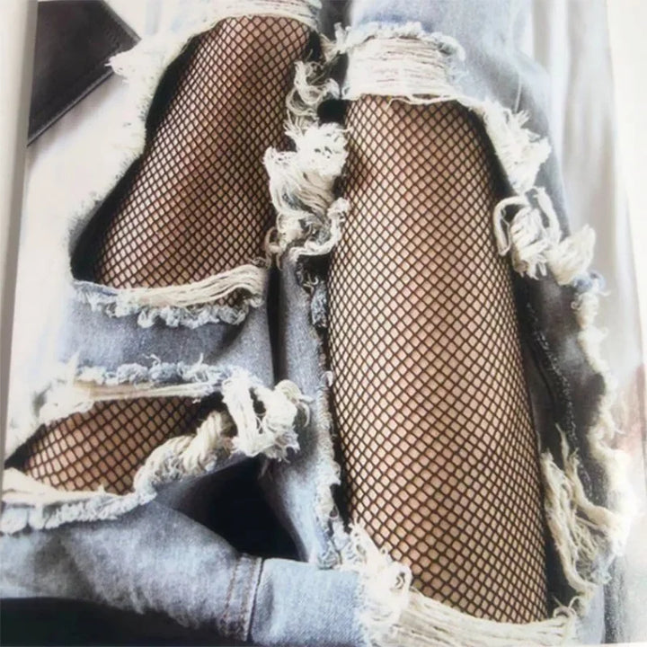 Meias arrastão de cintura alta sexy femininas, meia-calça de malha, meia-calça de malha, jeans rasgado, meias longas, lingerie quente